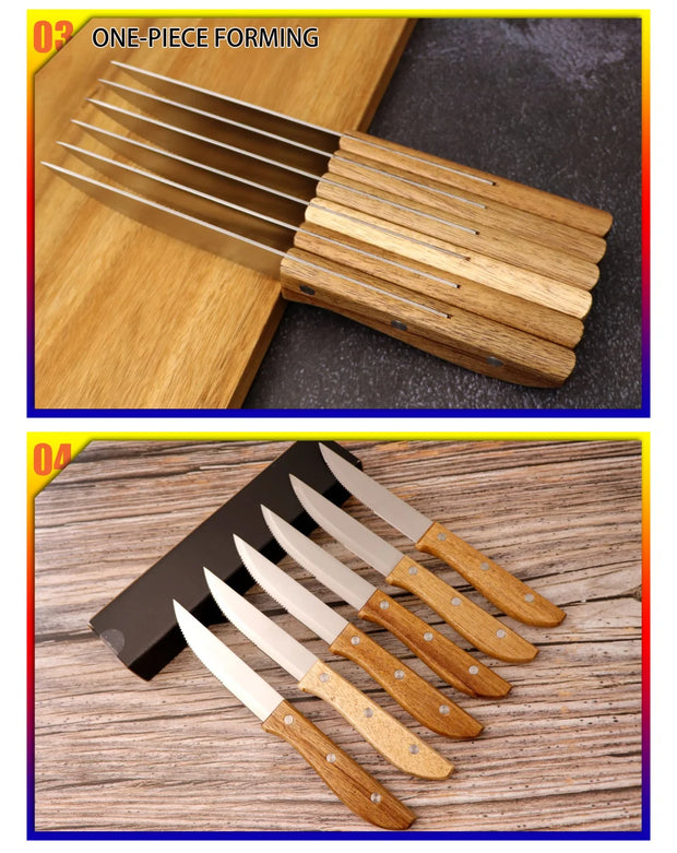 6-Piece Stainless Steel Steak Knife Set with Acacia Wood Handles