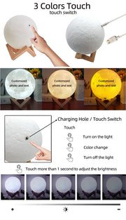 Custom Photo 3D Moon Lamp – Personalized Touch Control Night Light