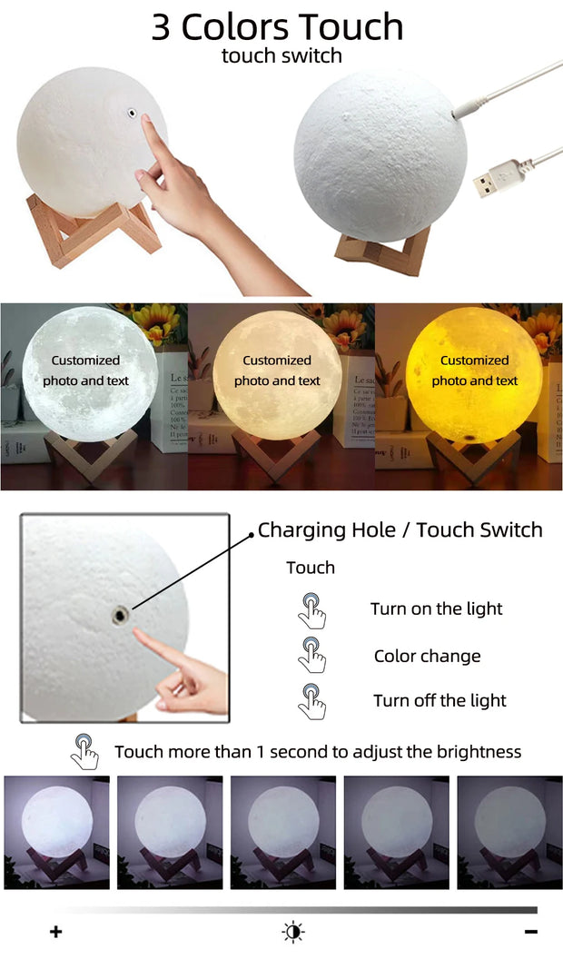 Custom Photo 3D Moon Lamp – Personalized Touch Control Night Light