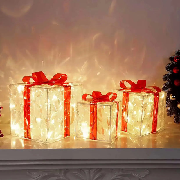 Christmas Lighted Gift Box Decoration – Set of 3 Glowing Boxes with Bows