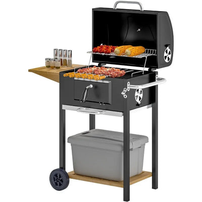 Portable Charcoal BBQ Grill with Side Table Outdoor