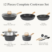 12‑Piece Black Granite Nonstick Cookware Set