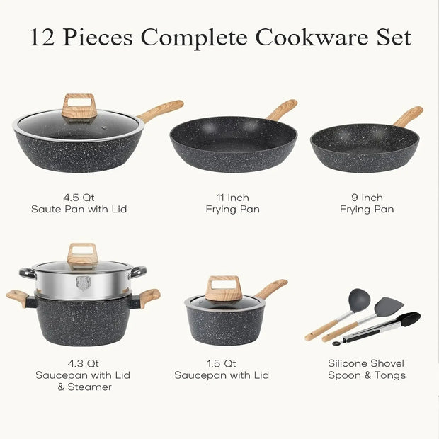 12‑Piece Black Granite Nonstick Cookware Set