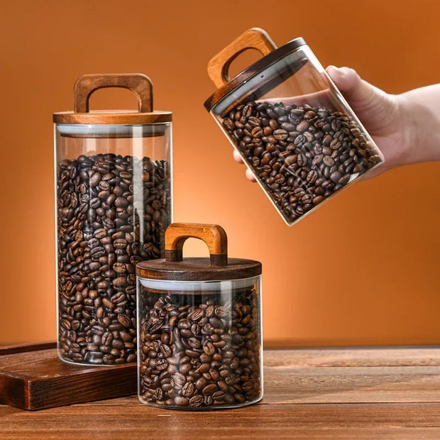 800-2100ml Wood Lid Glass Jar 1pc Airtight Canister Food Container