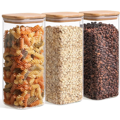 61oz Large Square Glass Storage Jars, Airtight with Wood Lids