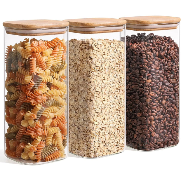 61oz Large Square Glass Storage Jars, Airtight with Wood Lids