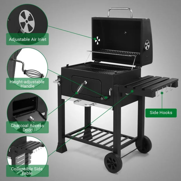 Outdoor Charcoal BBQ Grill with Smoker & Lift able Tray