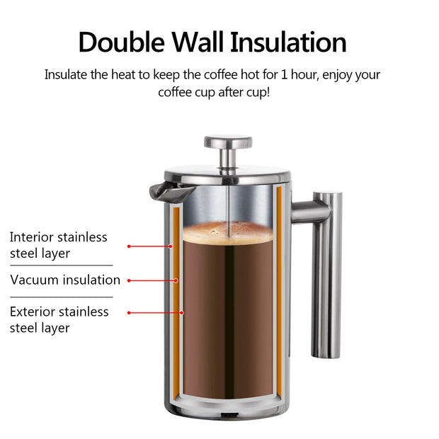 Stainless Steel French Press Coffee Maker – Double Wall Insulated Design