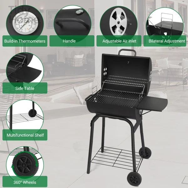 Charcoal BBQ Grill with Adjustable Charcoal Pan & Thermometer