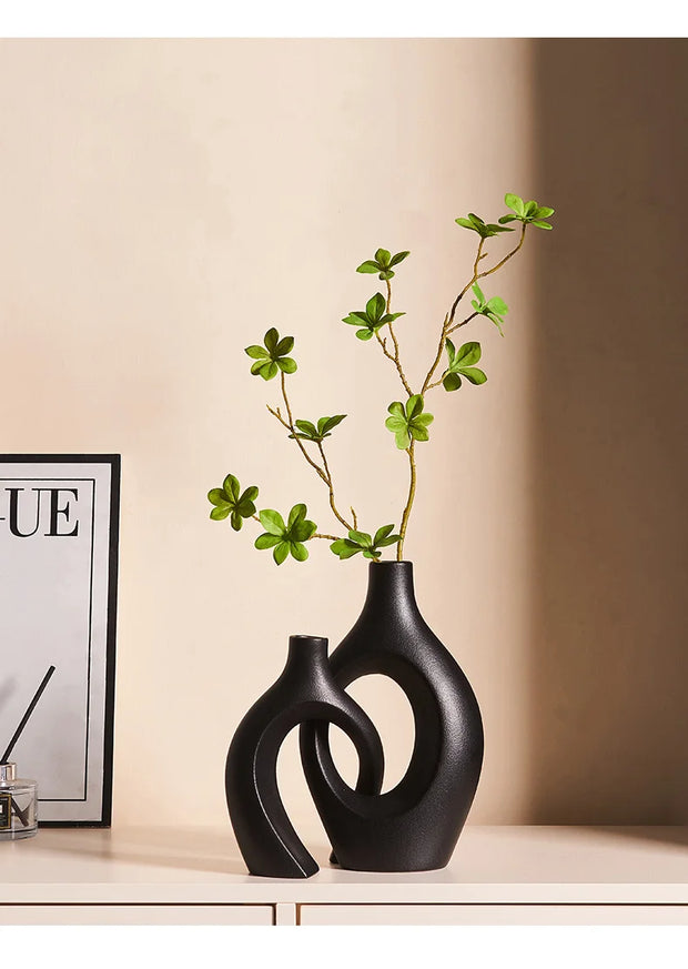 2pcs Nordic Hugging Ceramic Vases Modern Hollow Flower Pots
