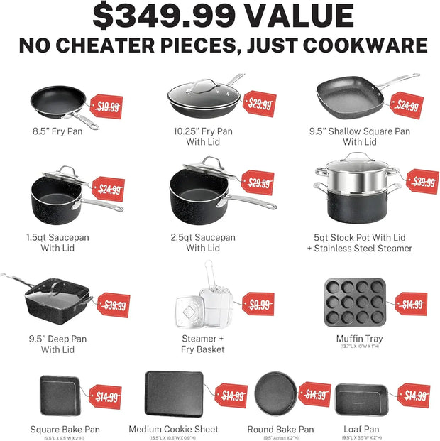 Diamond Coated 20‑Piece Non Stick Cookware & Bakeware Set – PFOA PFOS Free
