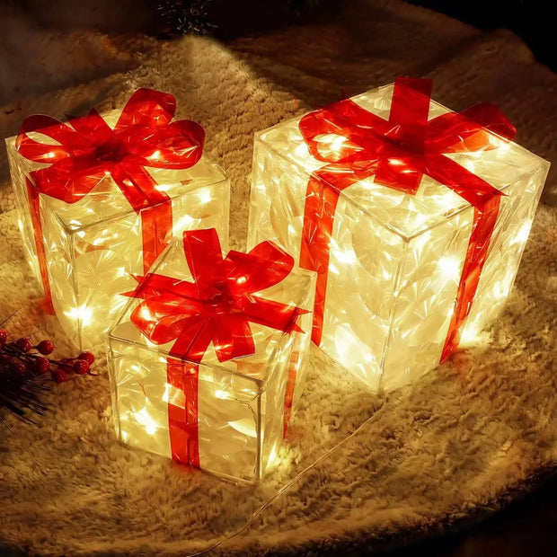 Christmas Lighted Gift Box Decoration – Set of 3 Glowing Boxes with Bows