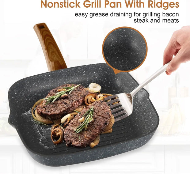 17-Piece Nonstick Cookware Set – Black Granite Induction Pots & Pans