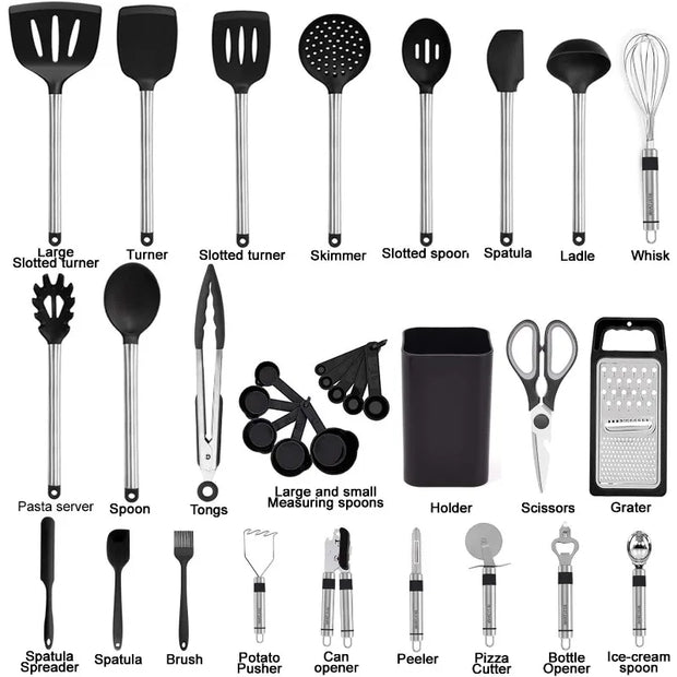 33-Piece Silicone & Stainless Steel Kitchen Utensil Set – Black