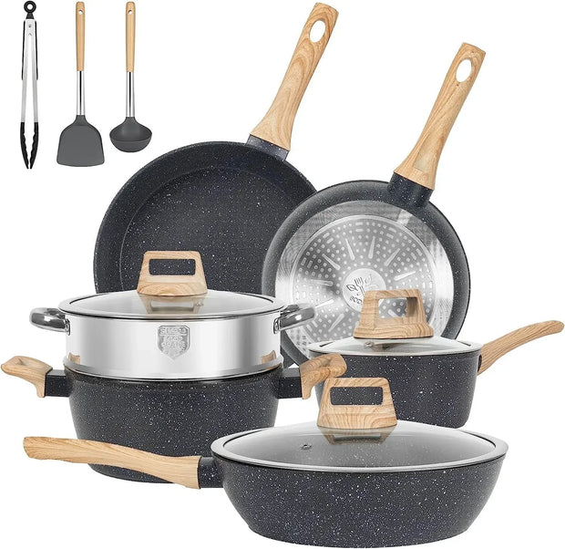 12‑Piece Black Granite Nonstick Cookware Set
