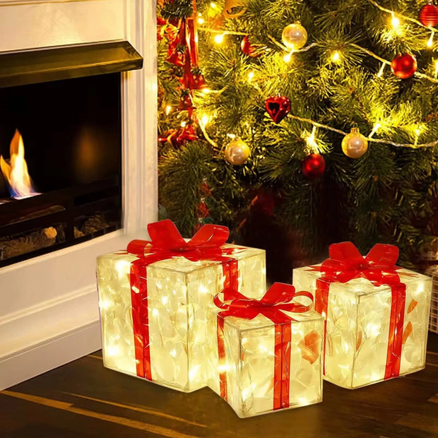 Christmas Lighted Gift Box Decoration – Set of 3 Glowing Boxes with Bows