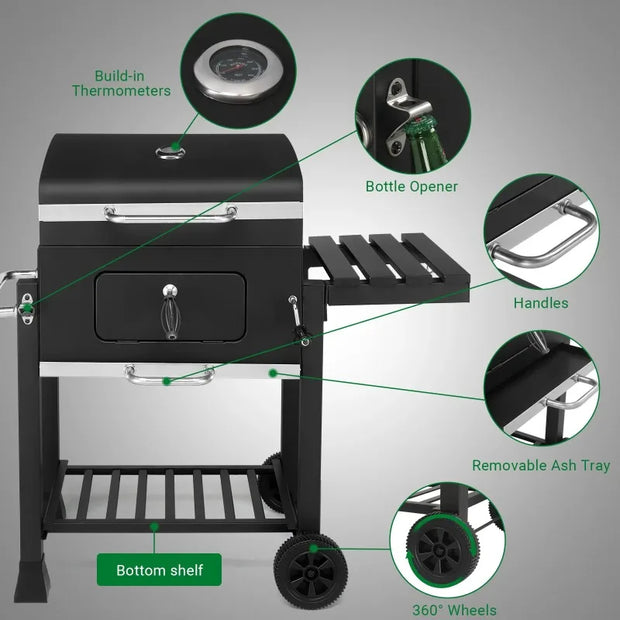 Outdoor Charcoal BBQ Grill with Smoker & Lift able Tray