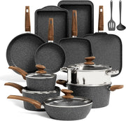 17-Piece Nonstick Cookware Set – Black Granite Induction Pots & Pans