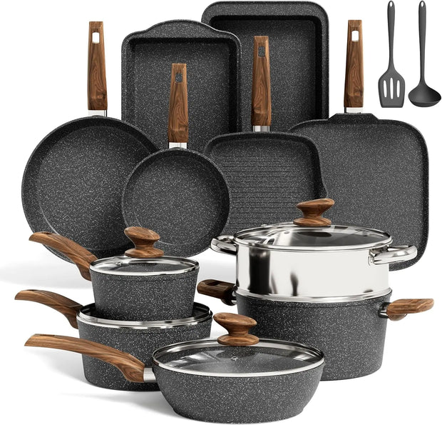 17-Piece Nonstick Cookware Set – Black Granite Induction Pots & Pans