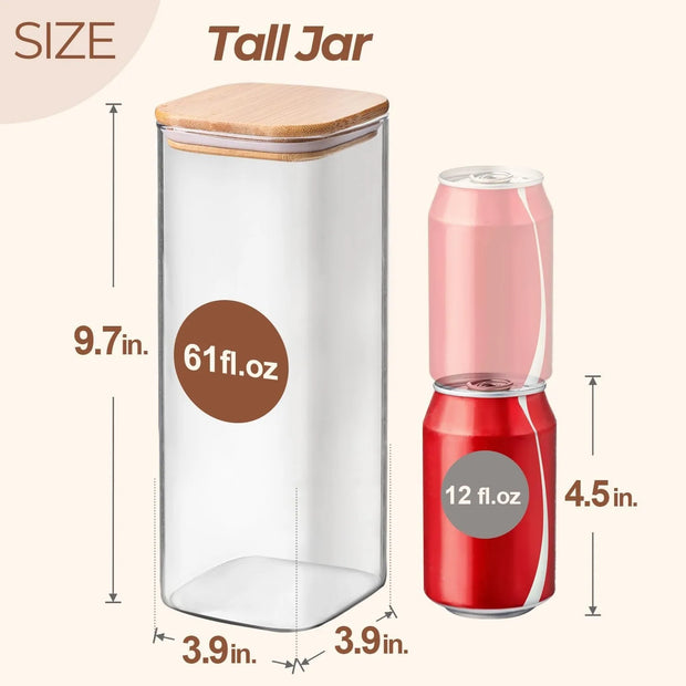 61oz Large Square Glass Storage Jars, Airtight with Wood Lids