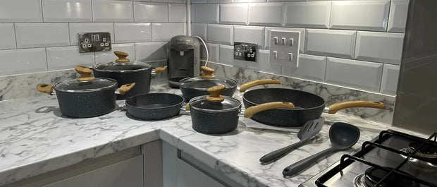17-Piece Nonstick Cookware Set – Black Granite Induction Pots & Pans