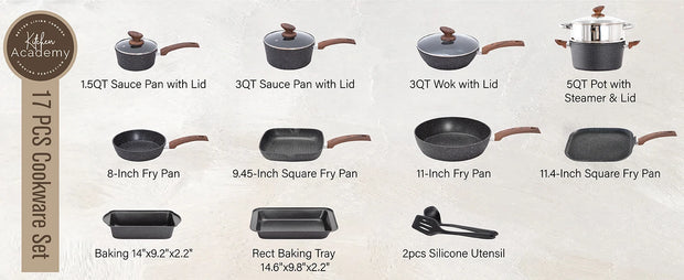 17-Piece Nonstick Cookware Set – Black Granite Induction Pots & Pans