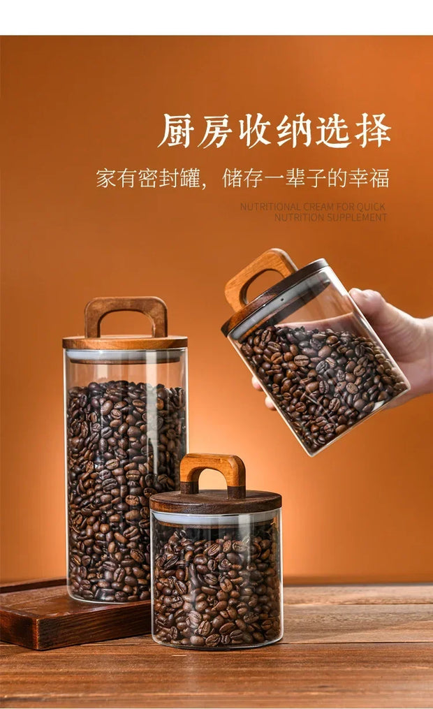 800-2100ml Wood Lid Glass Jar 1pc Airtight Canister Food Container
