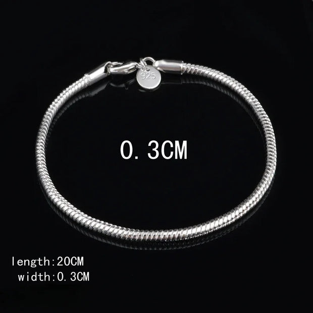925 Silver 3MM Snake Chain Bracelet Unisex Jewelry