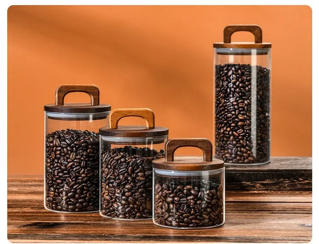 800-2100ml Wood Lid Glass Jar 1pc Airtight Canister Food Container