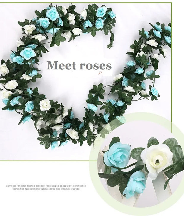 Artificial Rose Garland – 8.2 FT Silk Flower Vine with 45 Blooms & Leaves