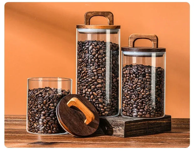800-2100ml Wood Lid Glass Jar 1pc Airtight Canister Food Container