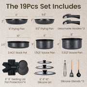 19-Piece Ceramic Cookware Set with Detachable Handle