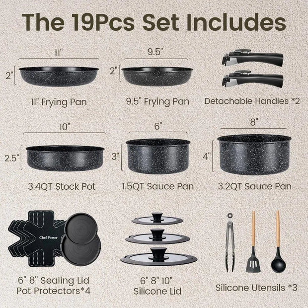 19-Piece Ceramic Cookware Set with Detachable Handle