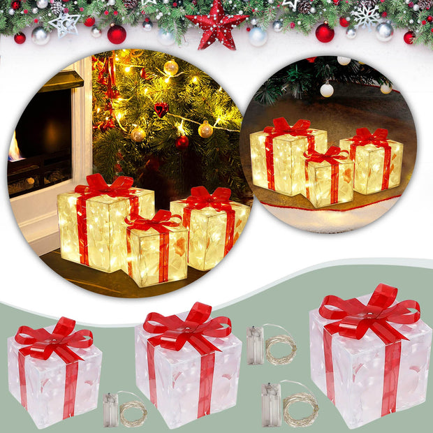 Christmas Lighted Gift Box Decoration – Set of 3 Glowing Boxes with Bows