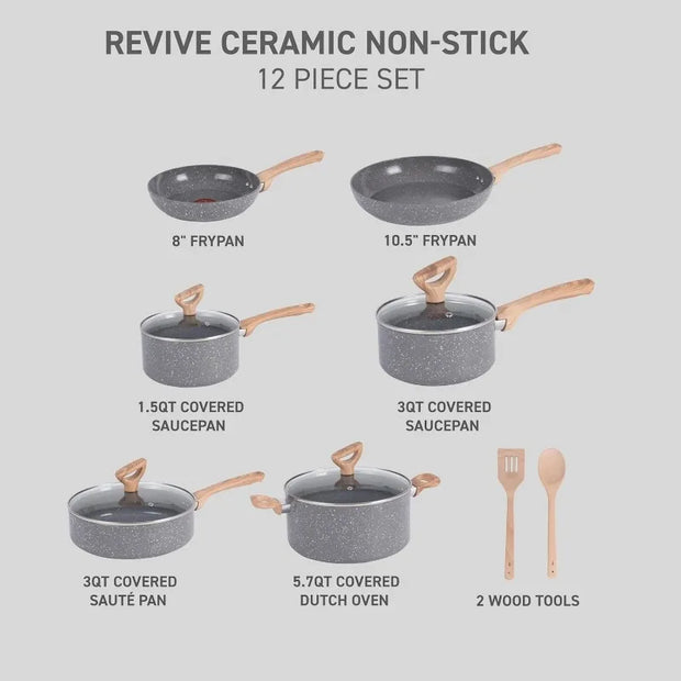 12-Piece Ceramic Cookware Set – Grey Granite