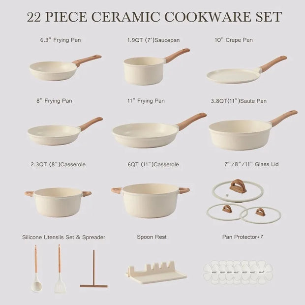 22-Piece Ceramic Nonstick Cookware Set, PFOA-Free, Induction