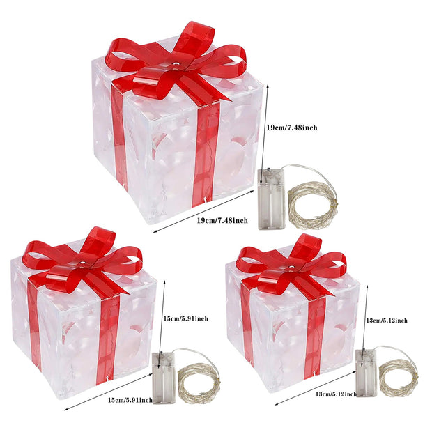 Christmas Lighted Gift Box Decoration – Set of 3 Glowing Boxes with Bows