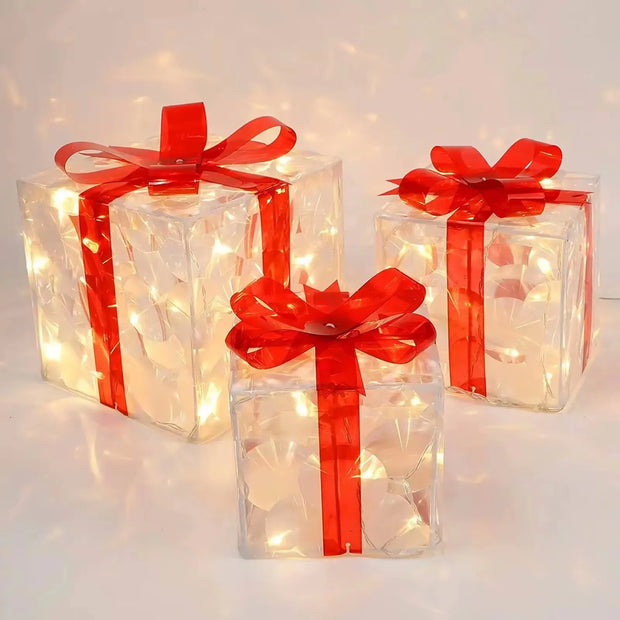 Christmas Lighted Gift Box Decoration – Set of 3 Glowing Boxes with Bows