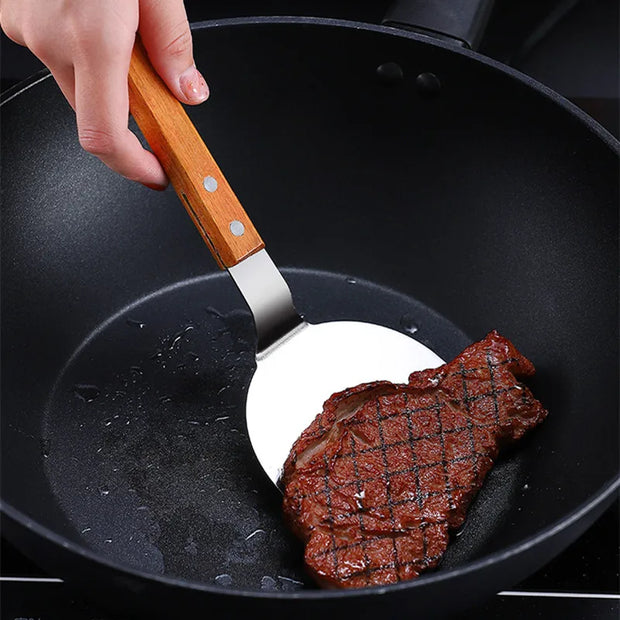 Stainless Steel Spatula with Wooden Handle – Heavy Duty BBQ & Kitchen Turner