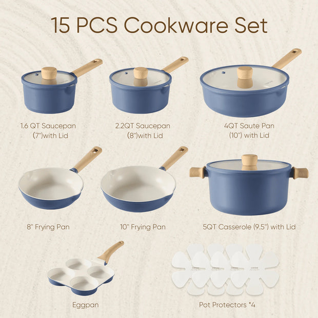 15-Piece Blue Granite Nonstick Induction Cookware Set