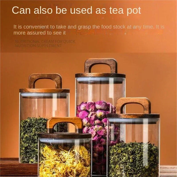 800-2100ml Wood Lid Glass Jar 1pc Airtight Canister Food Container